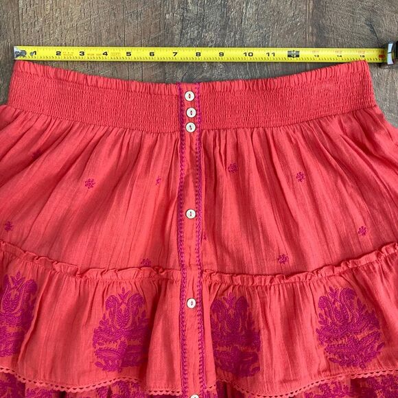 M.A.B.E. NWT Mina Embroidered Mini Tiered Skirt Coral 100% Cotton Boho Chic sz L - Picture 9 of 10